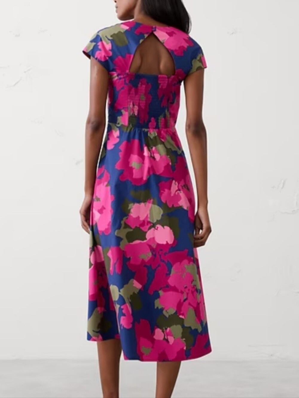 Women's Pink Floral Midi Dress with Keyhole Back